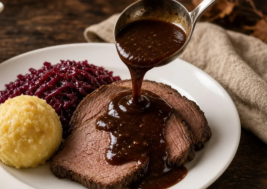 Glänzende braune Soße fließt über aufgeschnittenen Rinderbraten