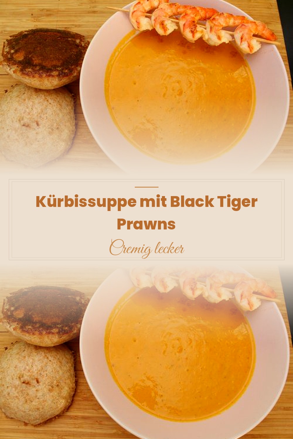 Pinterest Pin: Kürbissuppe mit Black Tiger Prawns – Festlich & cremig