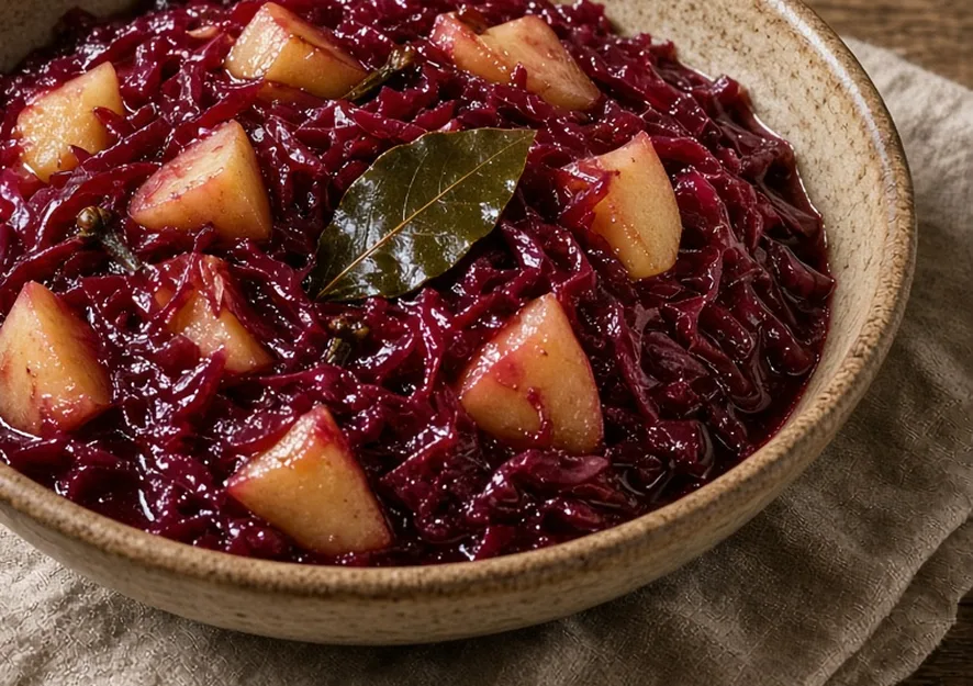 Geschmorter Rotkohl mit Apfelstücken und Lorbeerblatt in der Schüssel
